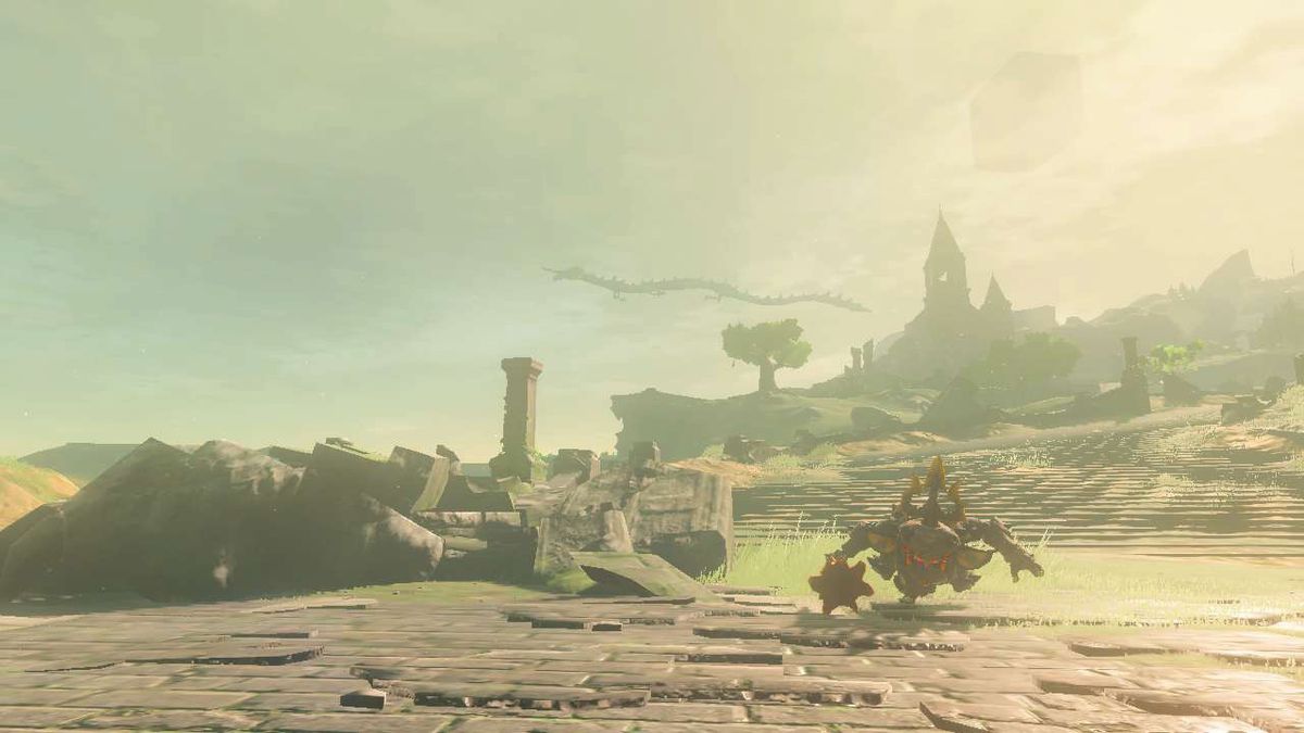 Ruinerna av Temple of Time kan ses i fjärran på den stora platån i Tears of the Kingdom.  I förgrunden finns en hög med spillror och en hotfull fiende