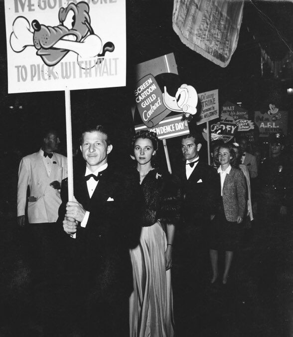 Art Babbitt leads a picket at the premier of The Reluctant Dragon during the 1941 Disney Animators Strike.