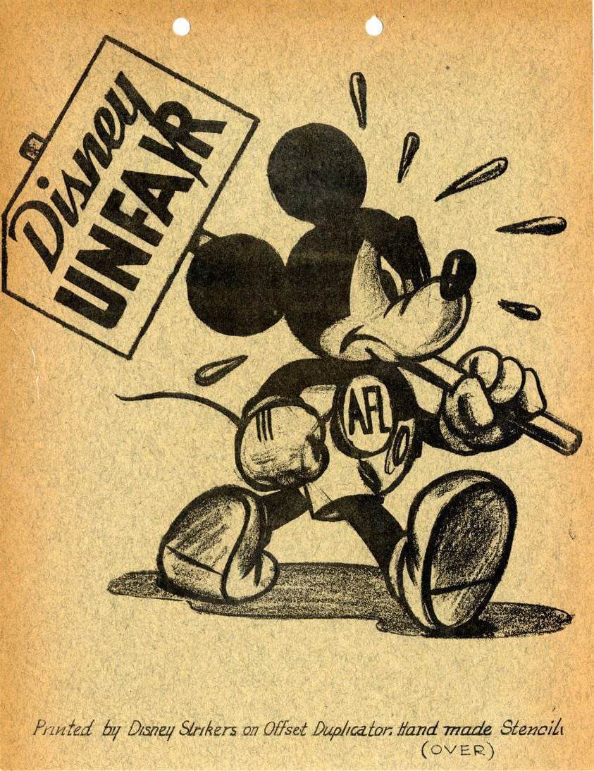 A cartoon of Mickey Mouse with a picket sign with text that reads “Disney Unfair.” The text below the image reads, “Printed by Disney strikers on offset duplicator, handmade stencil (over).”