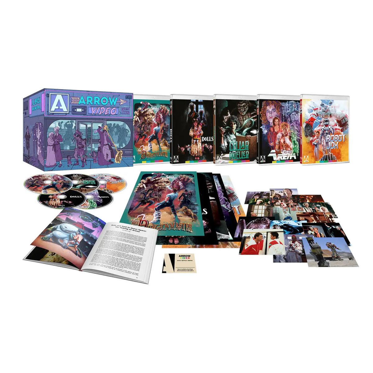 A photo of the Enter the Video Store Blu-ray box set, including a bunch of Blu-ray discs, photos, and a book.