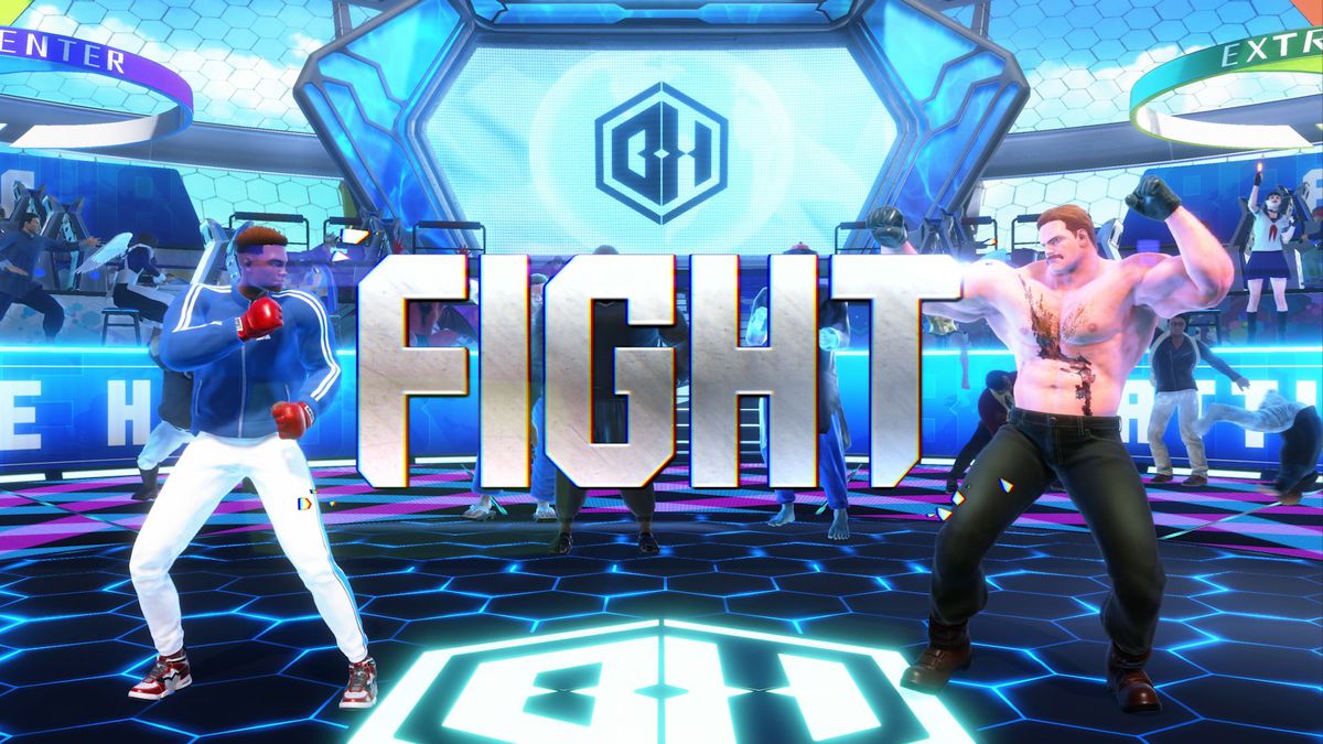 Två spelarskapade avatarer – varav en ser ut som Mike Haggar från Final Fight – gör dig redo att slåss i en skärmdump av Street Fighter 6:s Battle Hub-läge