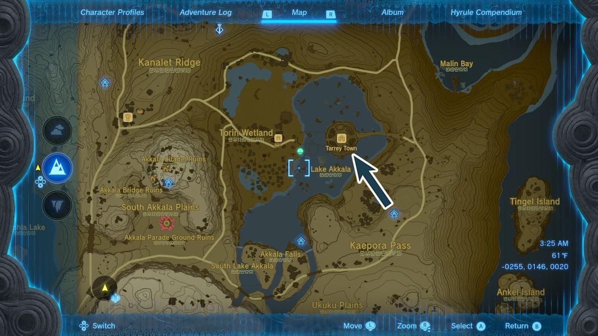 En karta visar platsen för Tarry Town i Hyrule i Zelda Tears of the Kingdom.