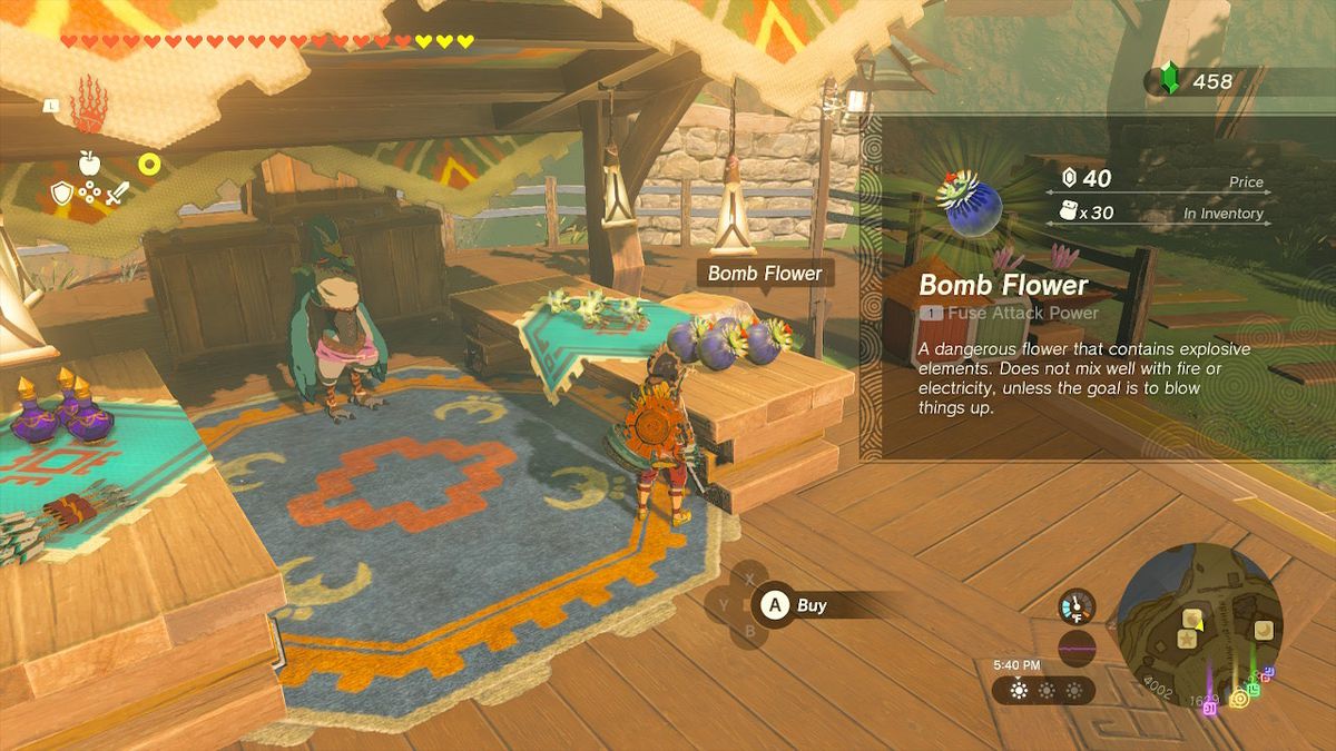 Link köper bombblommor från en butik i Tarrey Town i Zelda Tears of the Kingdom.