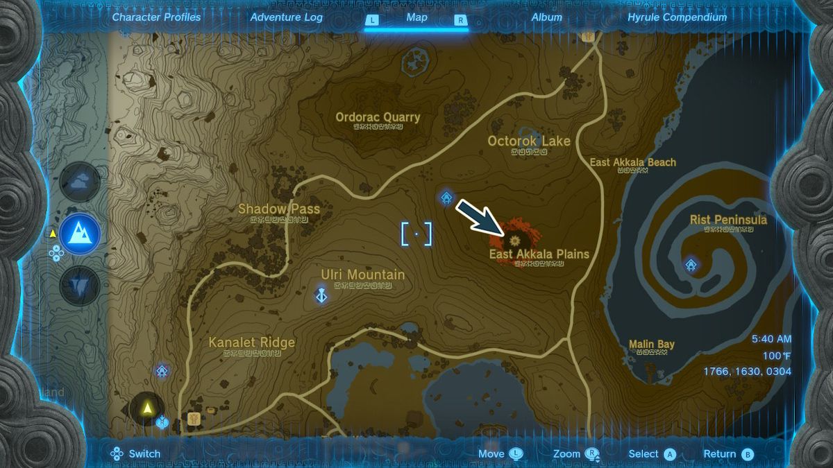 En karta visar platsen för en klyfta som leder till djupet i Zelda Tears of the Kingdom.