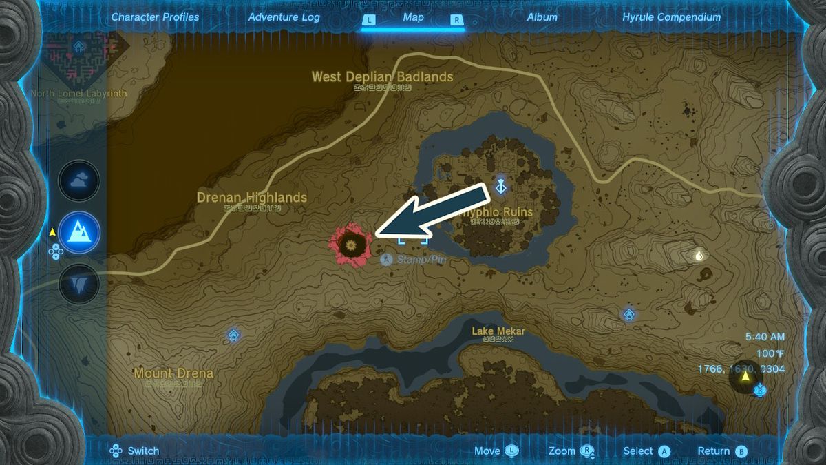 En karta visar platsen för avgrunden som leder till djupen vid de förlorade skogen i Zelda Tears of the Kingdom.