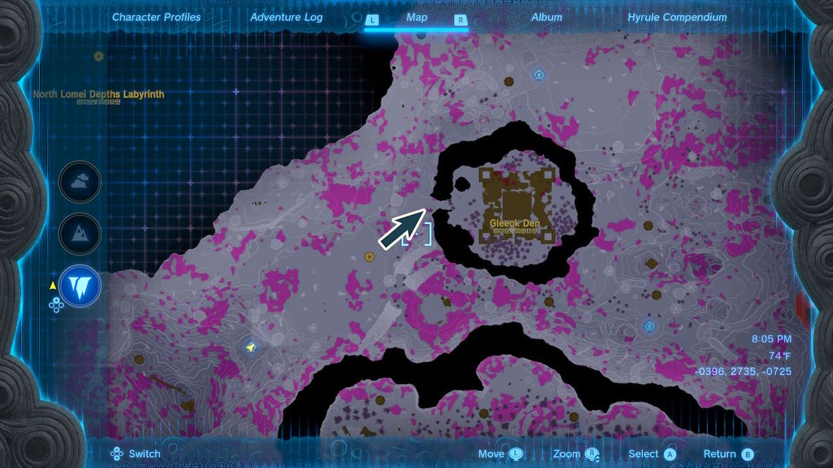 En karta visar platsen för Gleeok Den i Zelda Tears of the Kingdom.