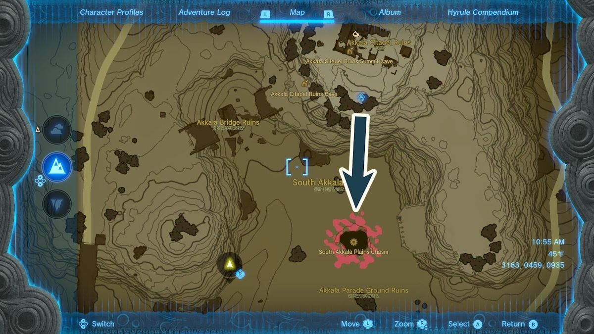 En karta pekar på platsen för en klyfta som leder till Depths som innehåller Twilight Trousers i Zelda Tears of the Kingdom.