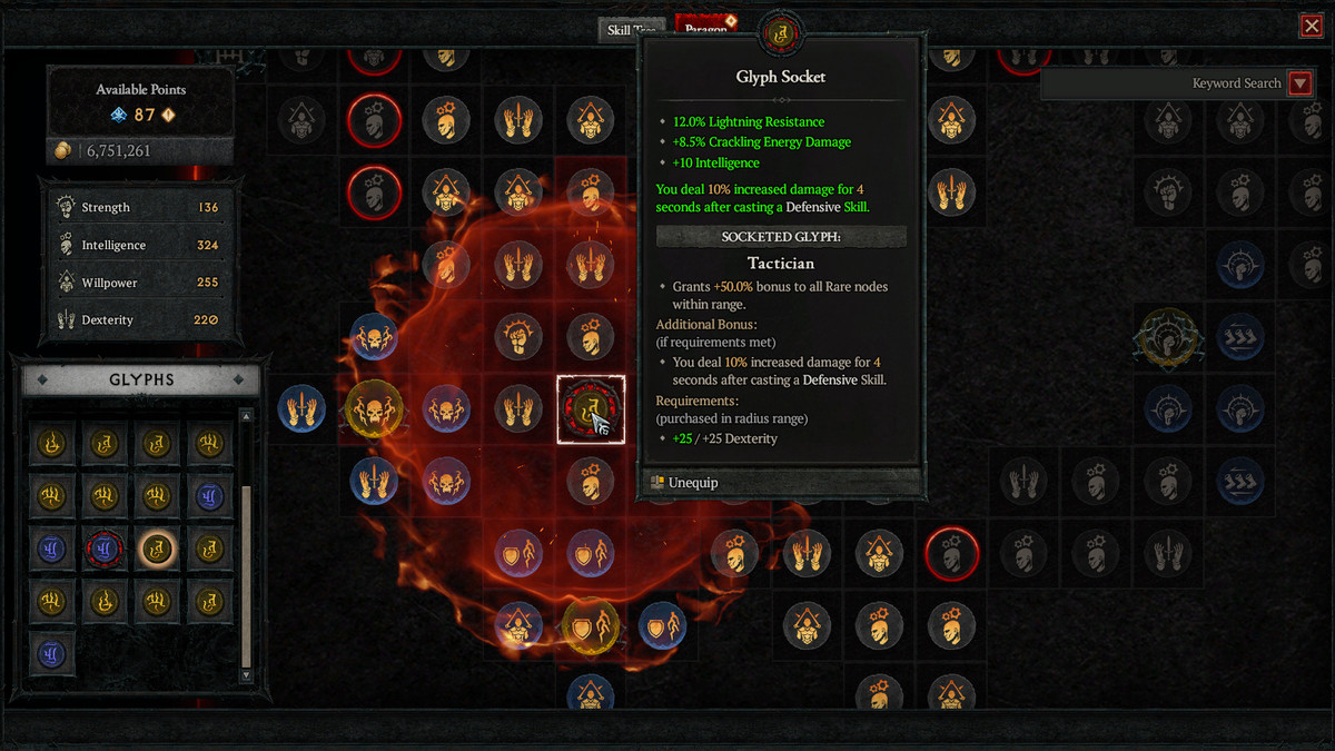 The Paragon board in Diablo 4, showing sockets and their corresponding abilities on a busy grid