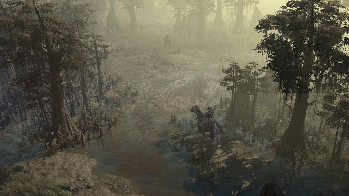 A character rides a horse in a swamp-like area covered in fog in Diablo 4