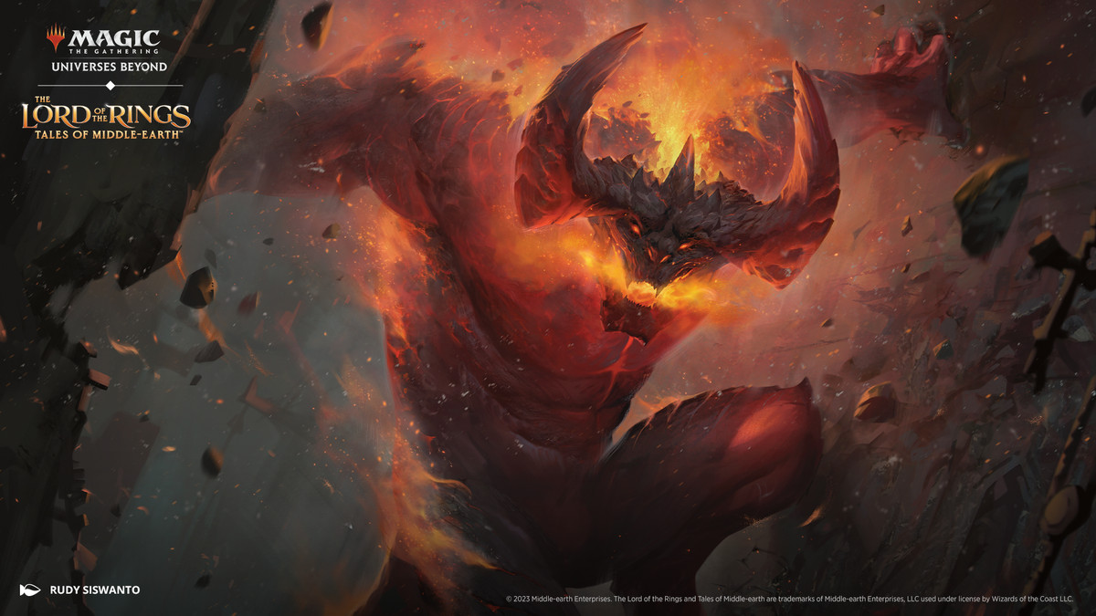 Art from Magic: The Gathering The Lord of the Rings: Tales of Middle-earth. The image shows a fiery giant destroying the land.