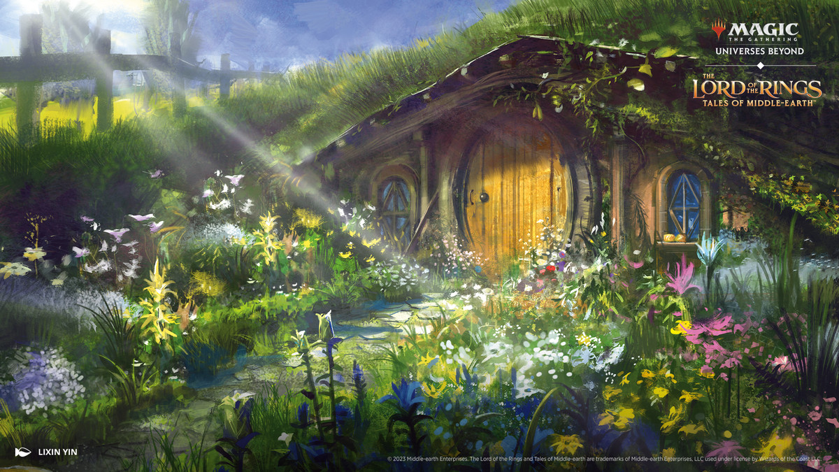 Art from Magic: The Gathering The Lord of the Rings: Tales of Middle-earth. The image shows a tranquil scene of the Shire. Flowers are blooming and the sun shines.