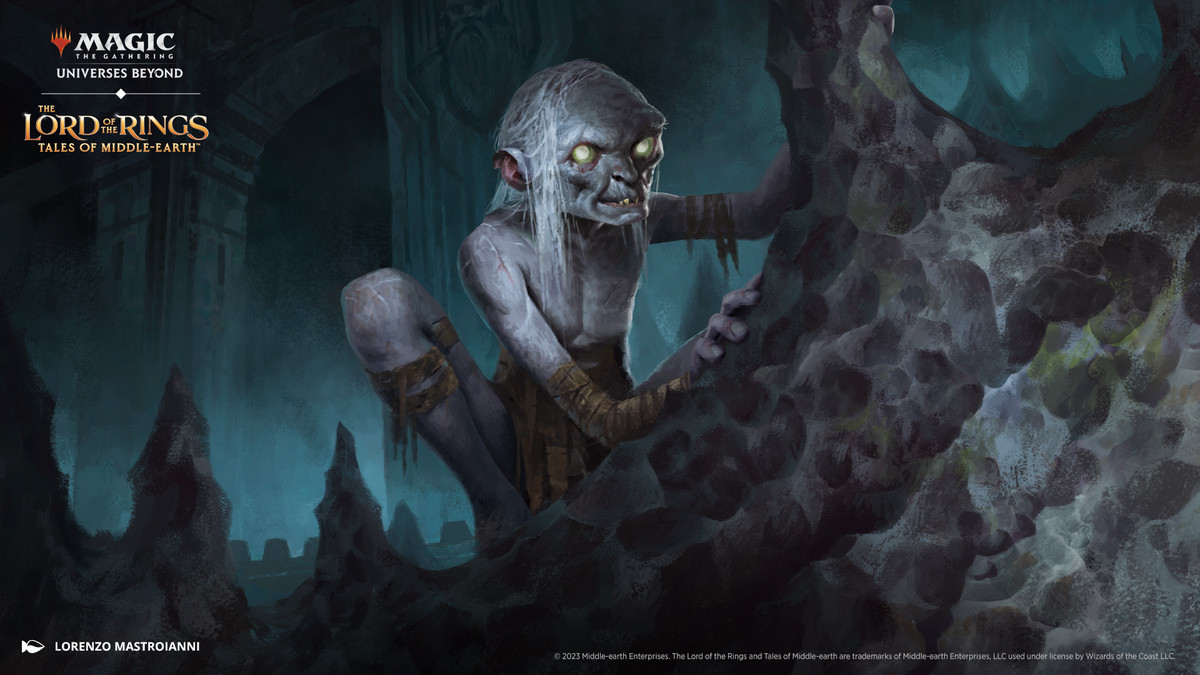 Art from Magic: The Gathering The Lord of the Rings: Tales of Middle-earth. The image shows Gollum climbing up some rocks. He has some empty glowing eyes.