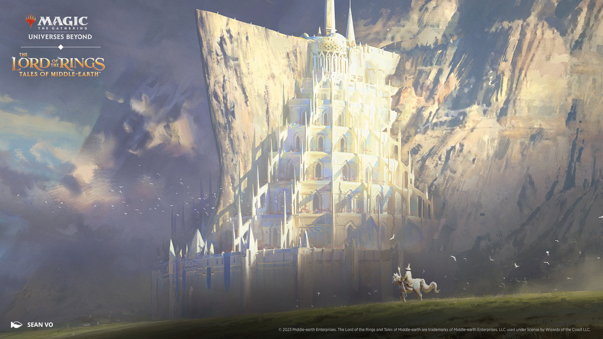 Art from Magic: The Gathering The Lord of the Rings: Tales of Middle-earth. The image shows a massive white building. Comparatively, the character clothed in white, riding a white horse looks very small as the tiered architecture looms above them.