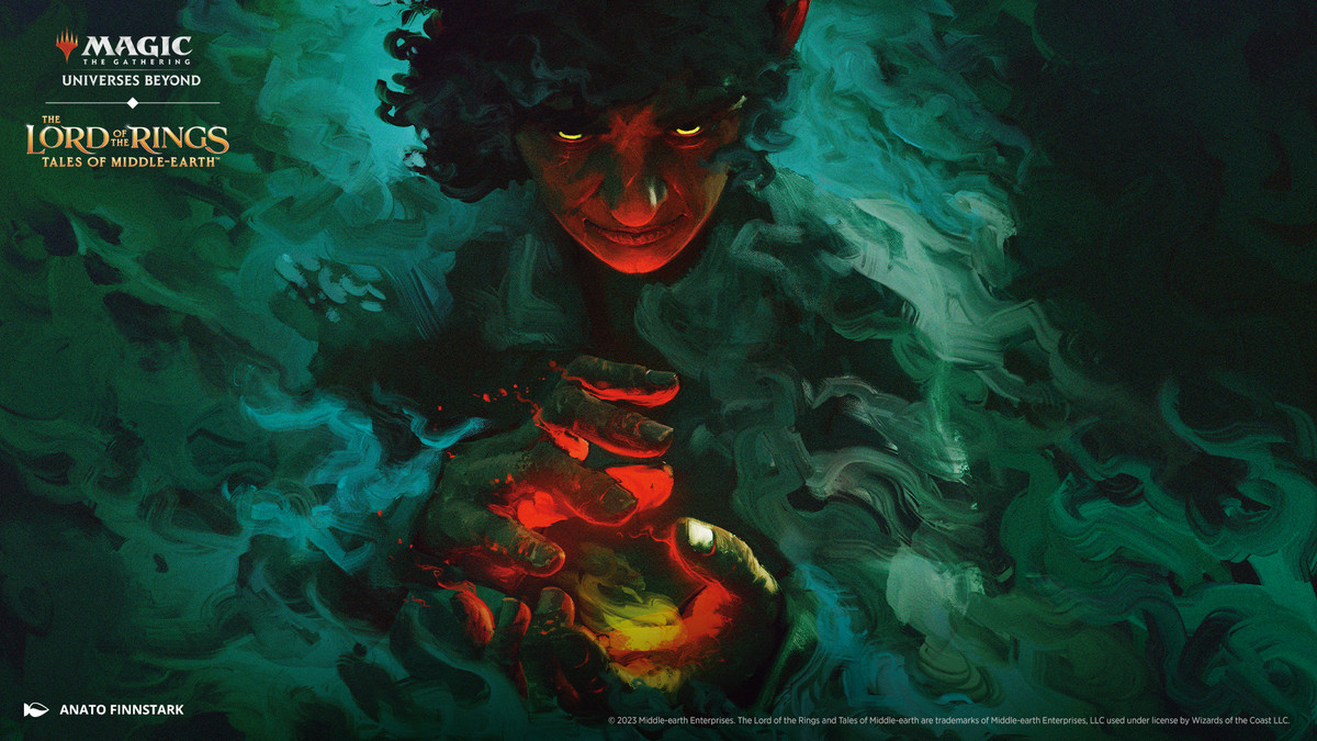 Art from Magic: The Gathering The Lord of the Rings: Tales of Middle-earth. The image shows Frodo. Darkness swirls around him and he looks evil as he holds the power of the Ruling Ring.