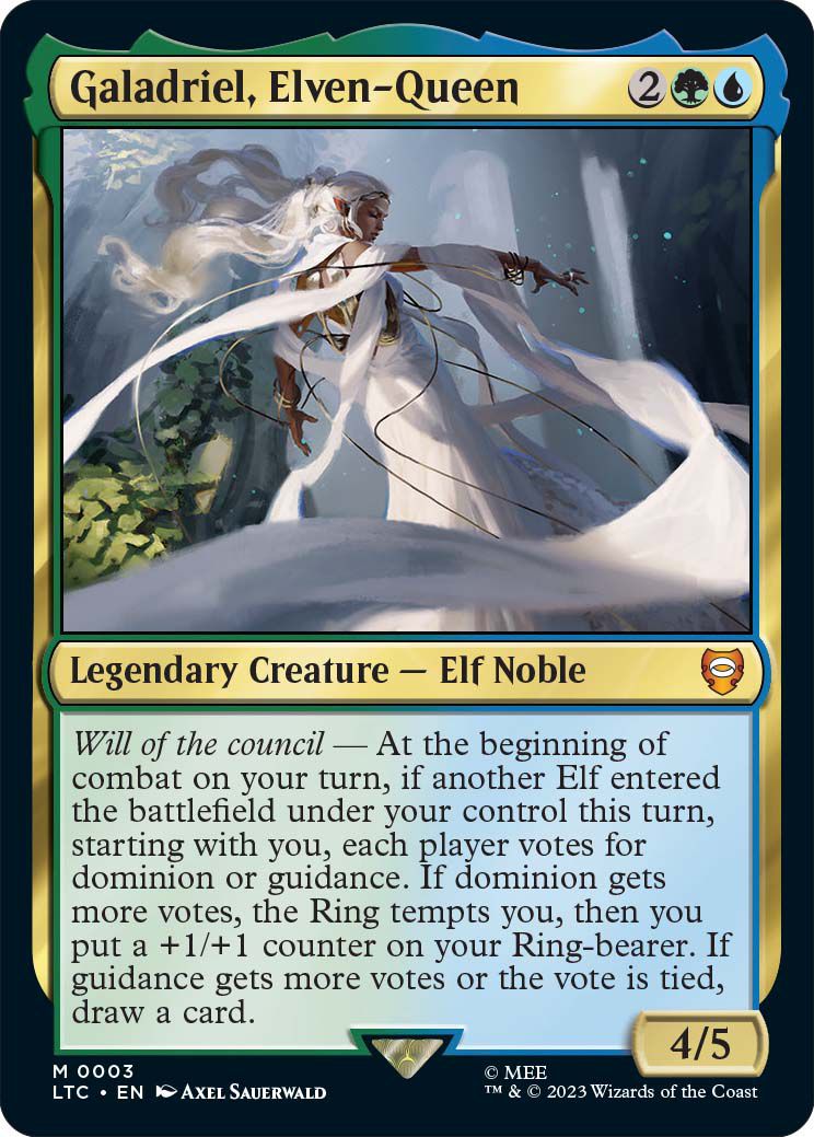 Art from Magic: The Gathering The Lord of the Rings: Tales of Middle-earth. The image shows Galadriel, Elven queen. She is twisting her body and the many sashes of her dress twist with her as she holds her hand out. 