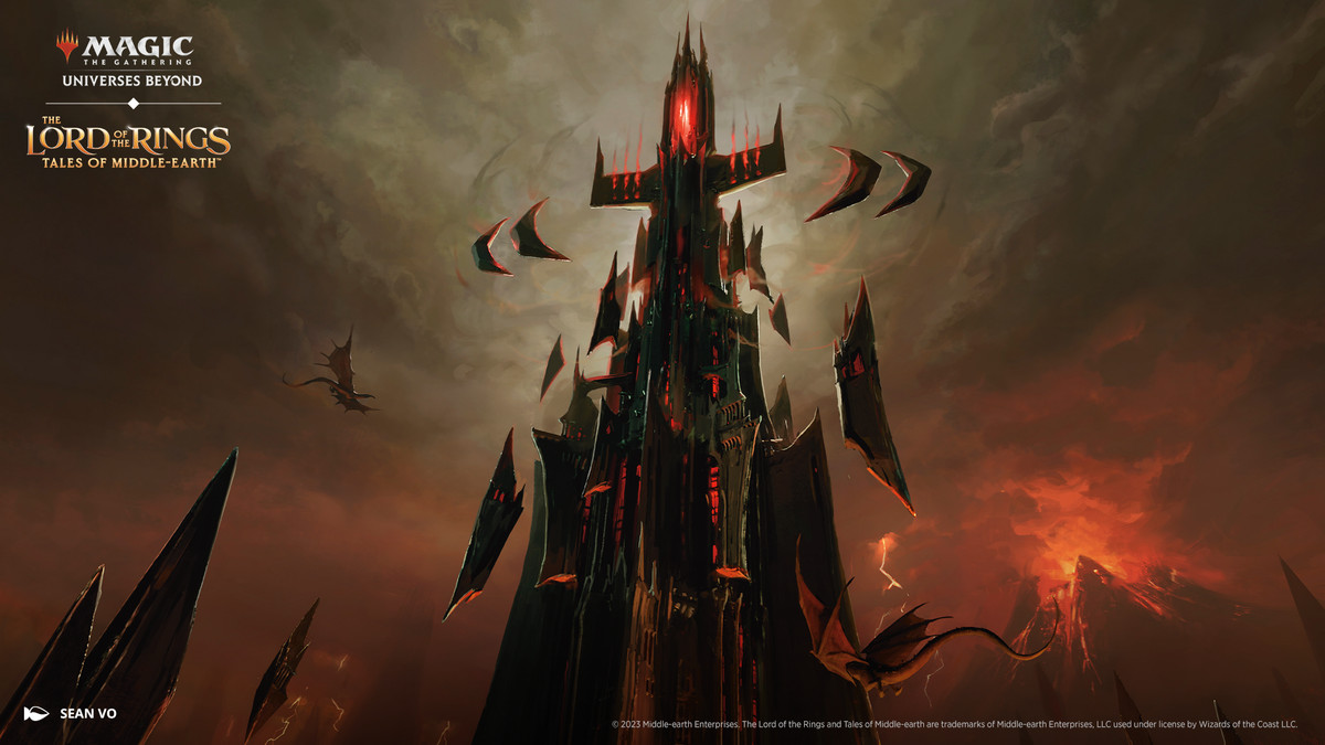 Art from Magic: The Gathering The Lord of the Rings: Tales of Middle-earth. The image shows an ominous building reminiscent of the Eye of Sauron.