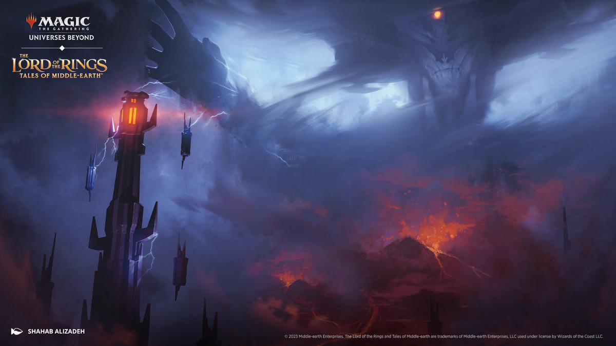 Art from Magic: The Gathering The Lord of the Rings: Tales of Middle-earth. The image shows a shadowy land with a tall towering over the lava depths. There is a faint face in the clouds and it reached out with a giant hand.