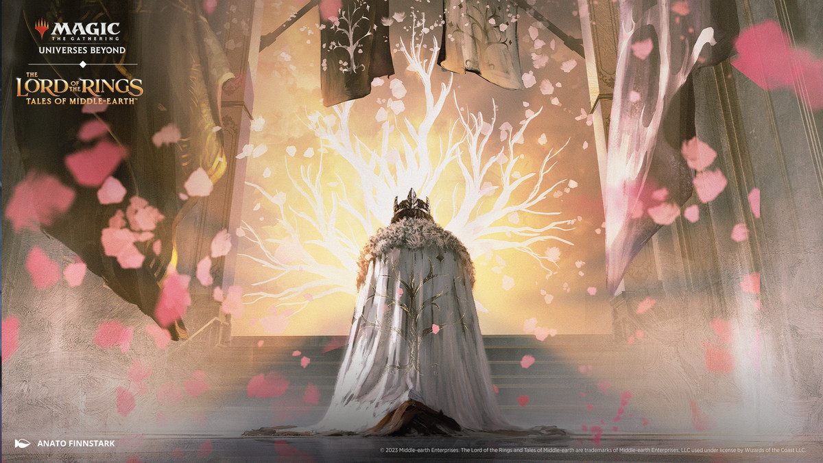 Art from Magic: The Gathering The Lord of the Rings: Tales of Middle-earth. The image shows a member of royalty kneeling to glowing tree of light at an alter.