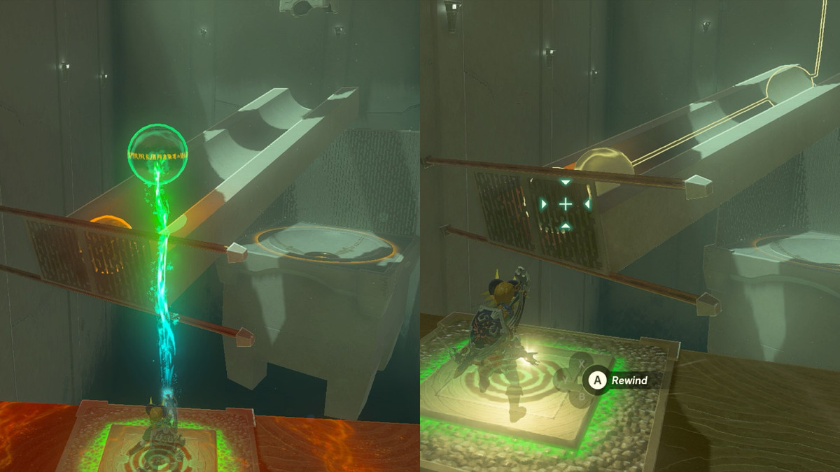 Link använder Ultrahand för att placera en stenboll bakom en annan boll ovanpå en ramp, och sedan använder Link Recall på bollen närmast botten av rampen i Tauyosipun Shrine i Legend of Zelda: Tears of the Kingdom.