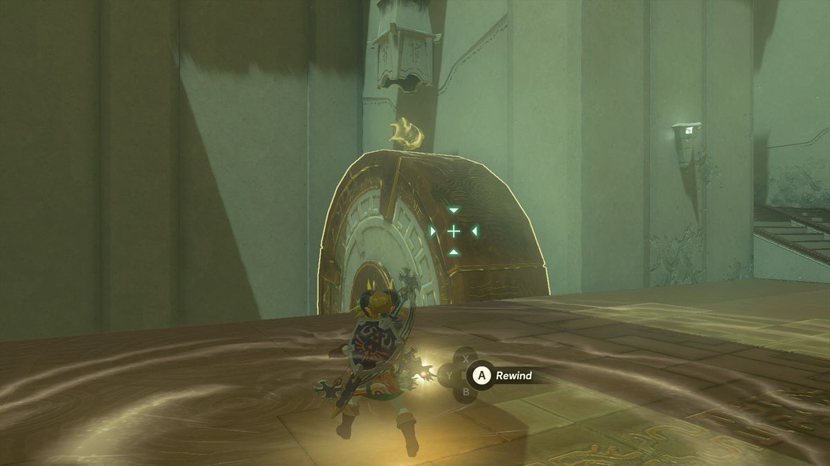 Länka med Recall på ett stort stenhjul för att hämta en kista i Tauyosipun Shrine i The Legend of Zelda: Tears of the Kingdom.