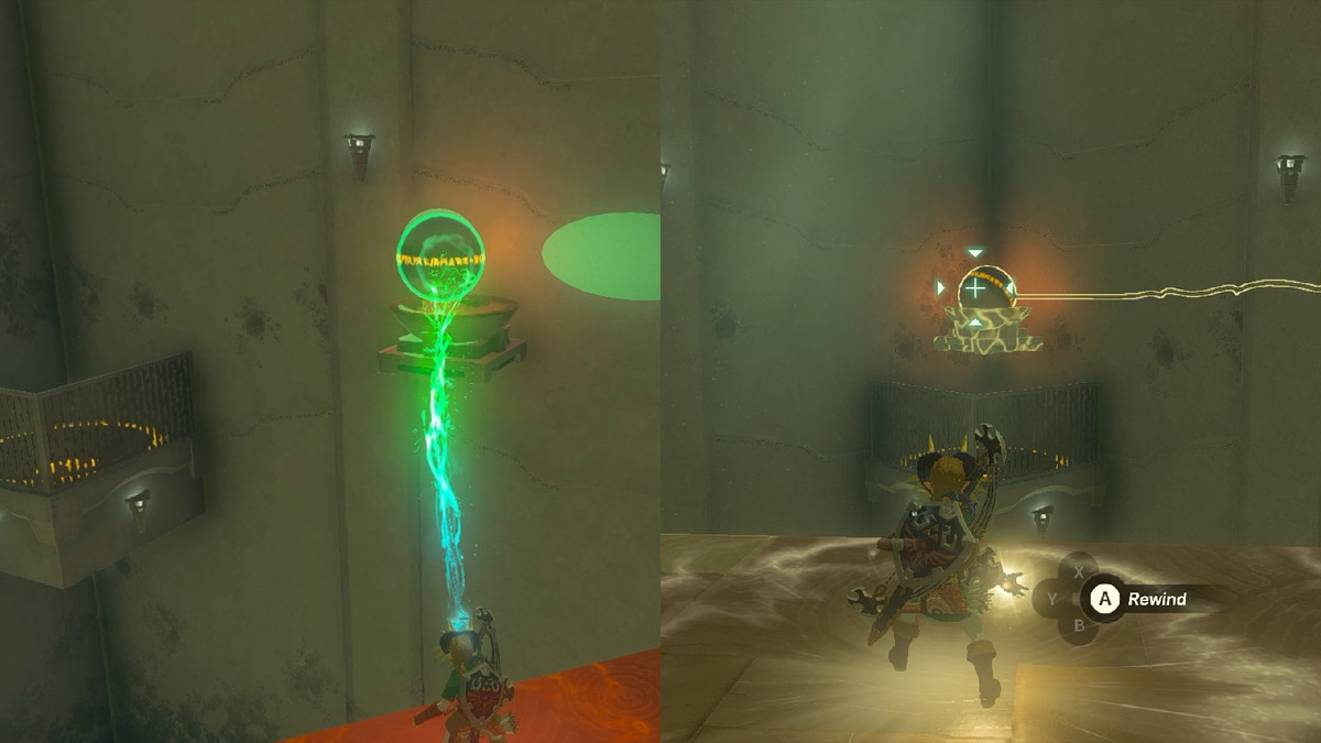 Länk placera en stenboll i en skål och använd sedan Recall för att spola tillbaka stenkulan i Tauyosipun Shrine i Legend of Zelda: Tears of the Kingdom.