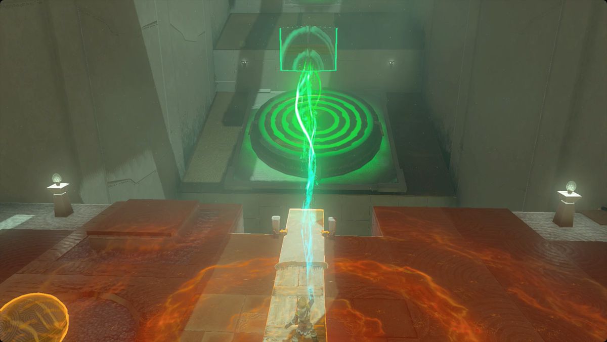 The Legend of Zelda: Tears of the Kingdom Link förbereder sig för att lansera sig själv i Wao-os Shrine.