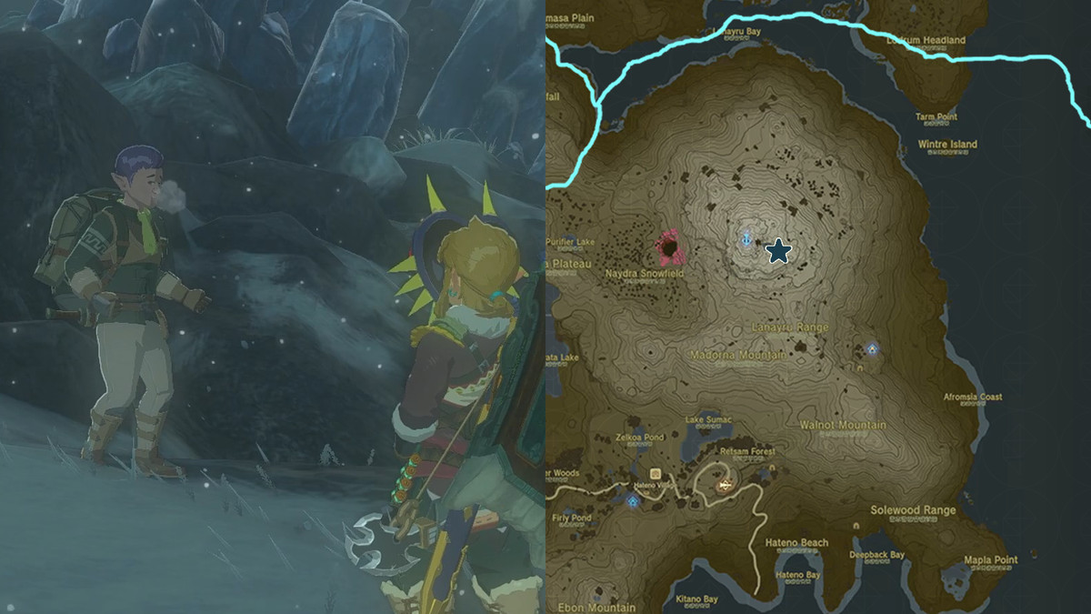 Skattjägaren Nazbi hittades vid ingången till Visdomskällan i Mount Lanayru-regionen i Hyrule i The Legend of Zelda: Tears of the Kingdom.