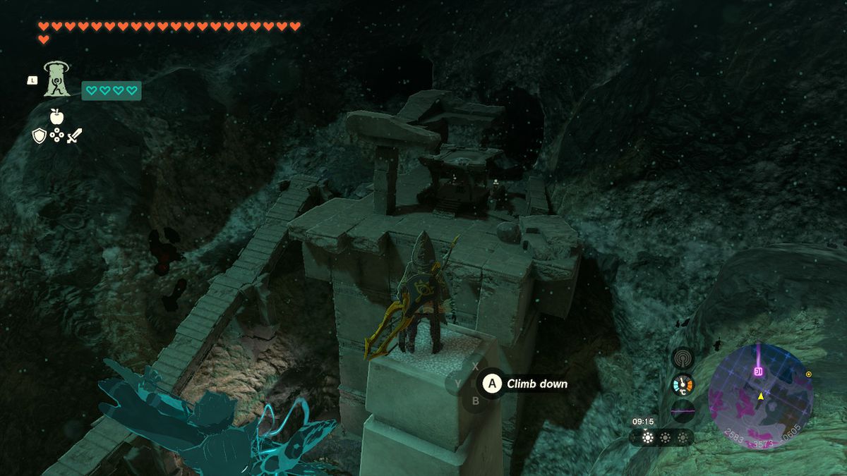 Link stands on a pillar in the Tuft Canyon Mine in the Depths in Zelda Tears of the Kingdom.