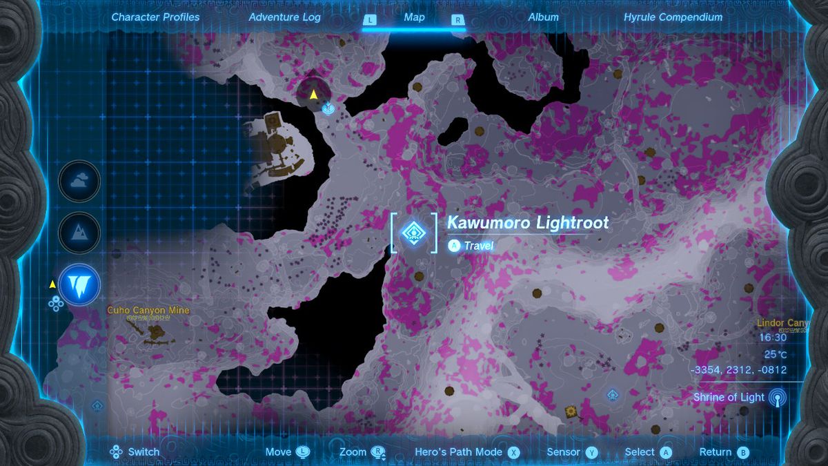 A map shows the location of the Kawumoro Lightroot in the Depths in Zelda Tears of the Kingdom.