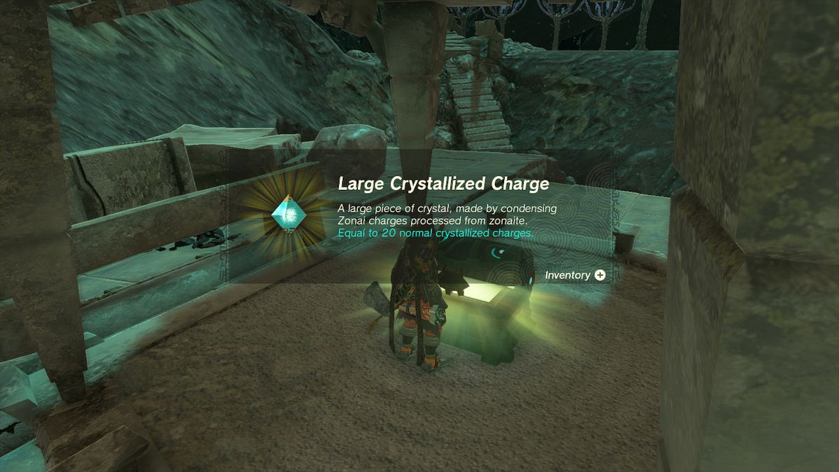 Link opens a chest containing crystallized charge in the Depths in Zelda Tears of the Kingdom.