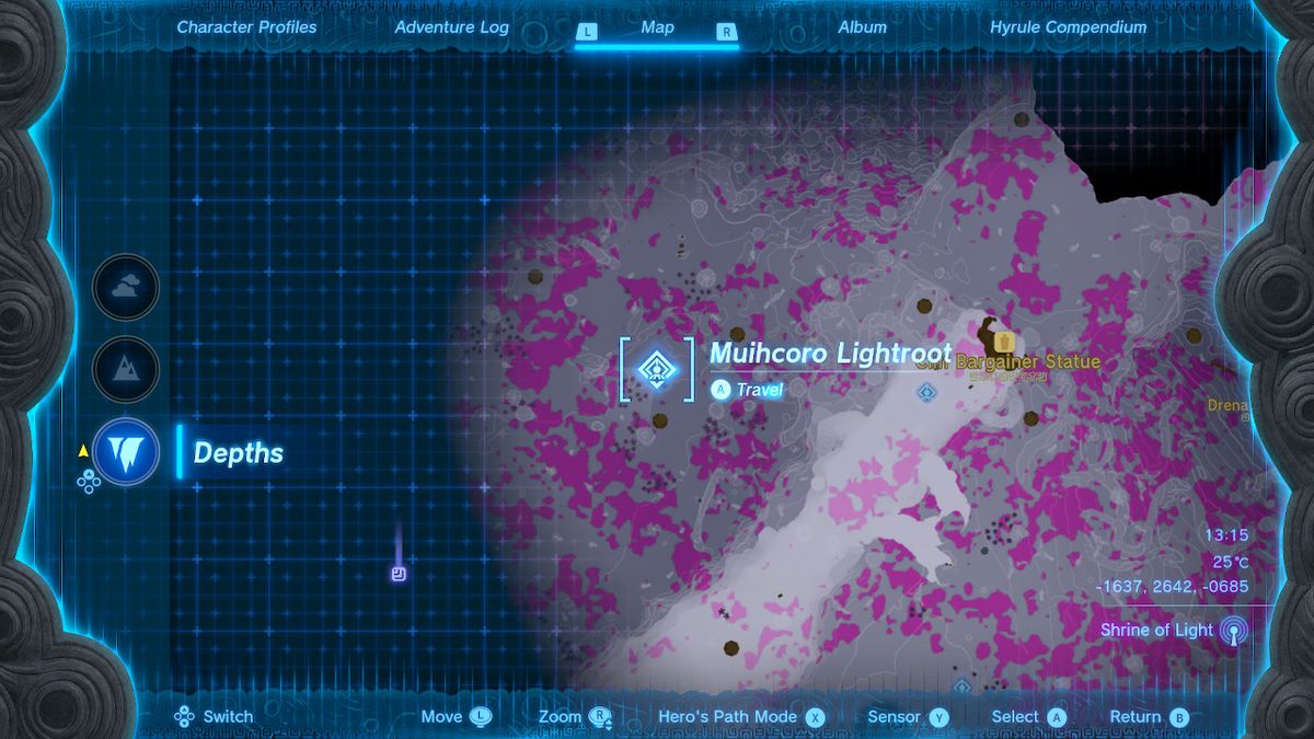 A map shows the location of the Muihcoro Lightroot in Zelda Tears of the Kingdom.