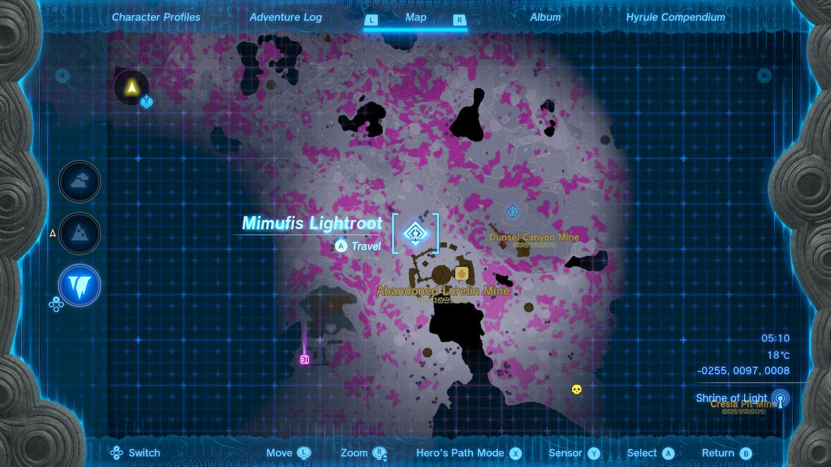 A map shows the location of the Mimufis Lightroot in the Depths in Zelda Tears of the Kingdom.