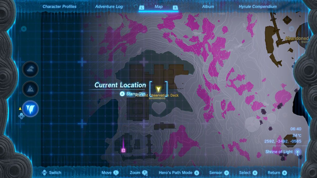 A map shows the location of the Ancient Observation Deck in the Depths on the way to the Hero Armor in Zelda Tears of the Kingdom.
