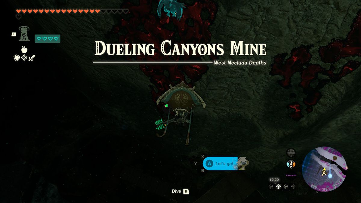 Link glides into the Dueling Canyon Mine looking for the Hero Armor in Zelda Tears of the Kingdom.