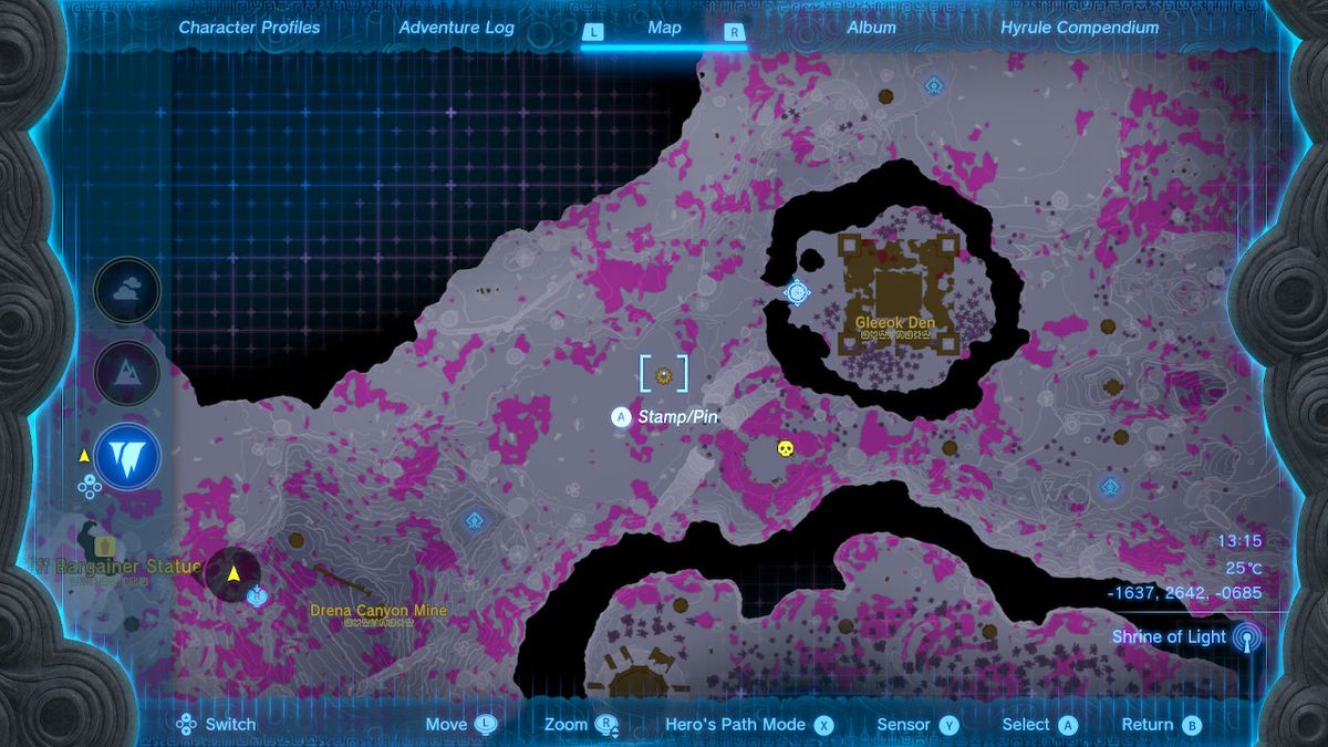 A map shows the location of the Drena Canyon Mine in Zelda Tears of the Kingdom.