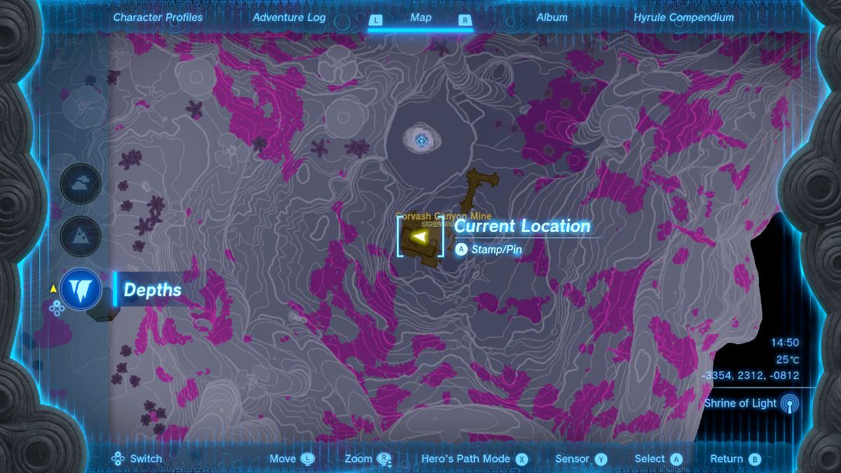 A map shows the location of the Corvash Canyon Mine and the Hero Armor legs piece in Zelda Tears of the Kingdom.