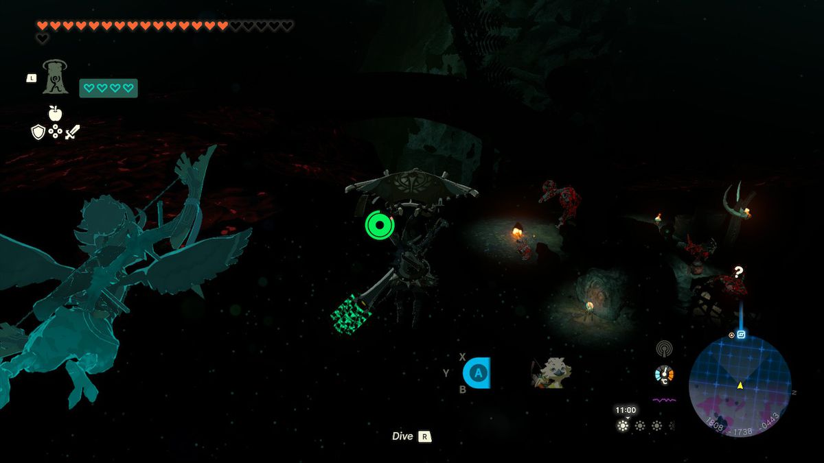 Link glides above enemies in the Depths in Zelda Tears of the Kingdom.