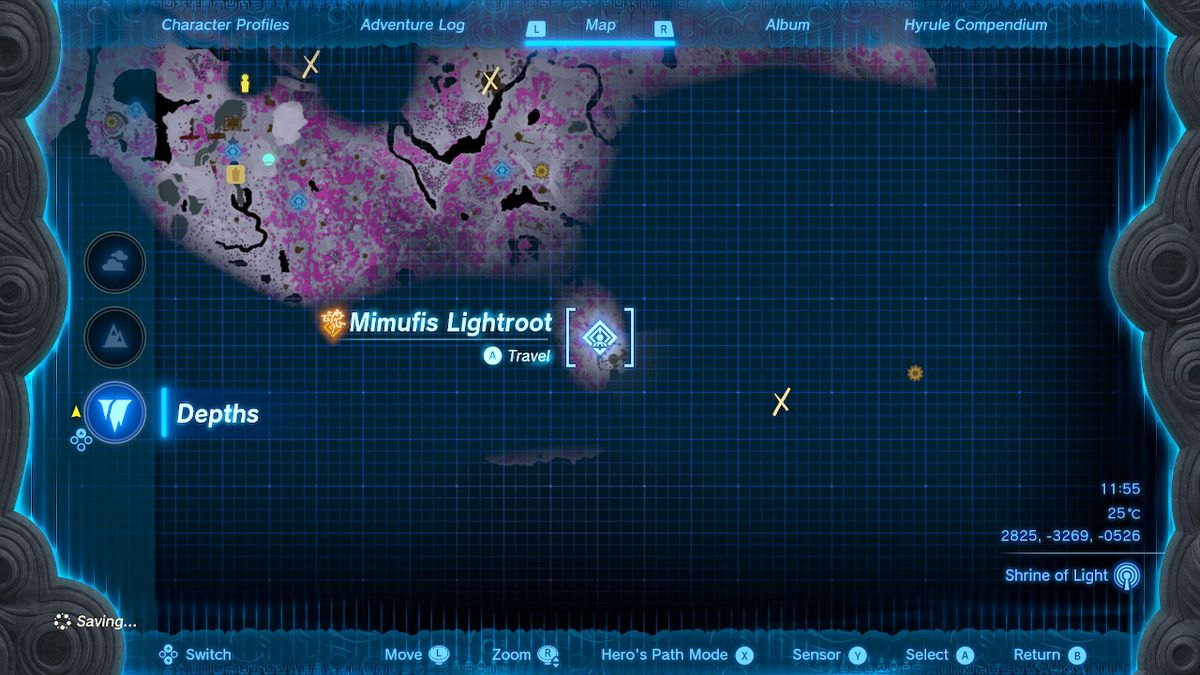 A map shows the location of the Mimufis Lightroot in Zelda Tears of the Kingdom.
