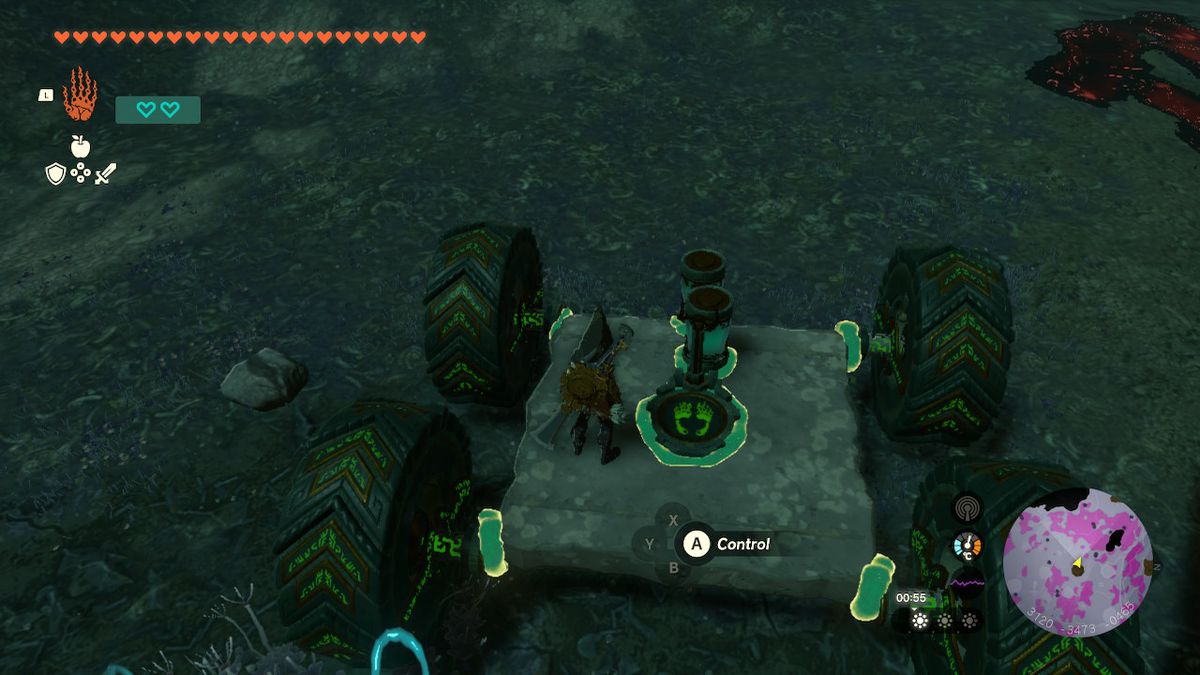 Link drives a “car” in the Depths in Zelda Tears of the Kingdom.