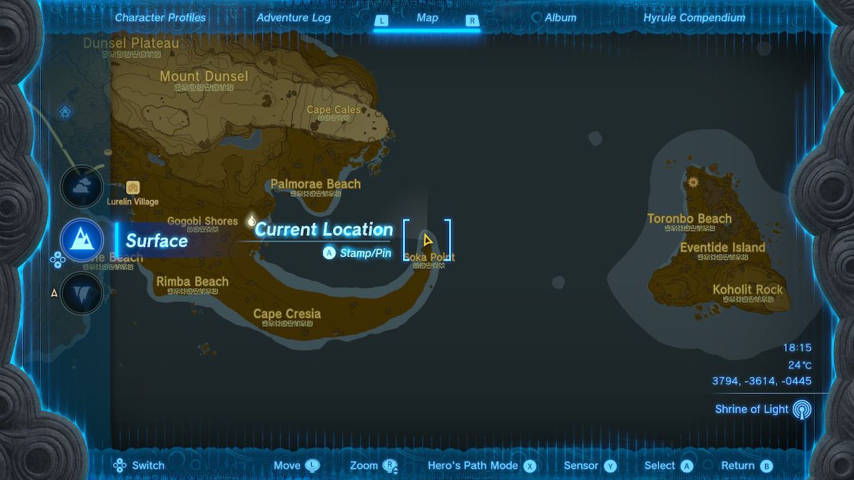 A map shows the location of Soka Point in Zelda Tears of the Kingdom.