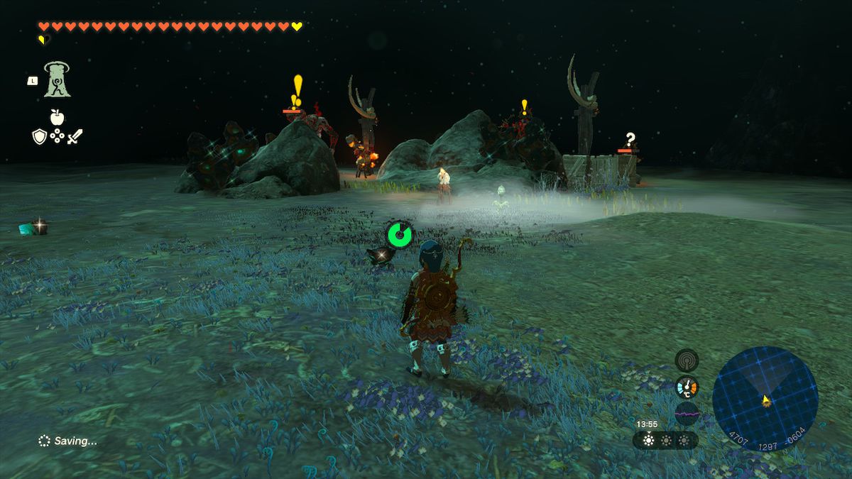 Link approaches enemies in the Depths while looking for the Wind Armor in Zelda Tears of the Kingdom.