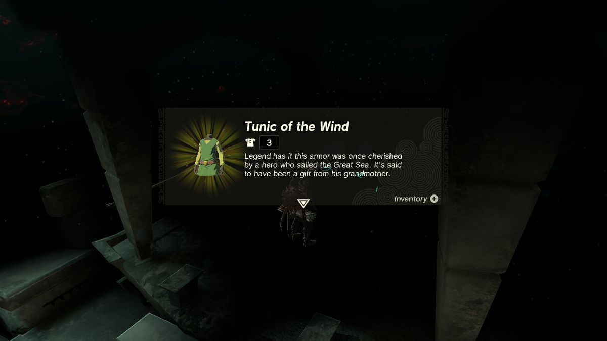 Link opens a chest containing the tunic of the wind, part of the Wind Armor, in the Depths in Zelda Tears of the Kingdom.