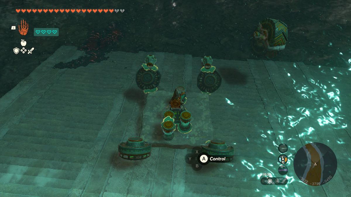 Link rides a makeshift hovercraft across water while looking for the Wind Armor in the Depths in Tears of the Kingdom.