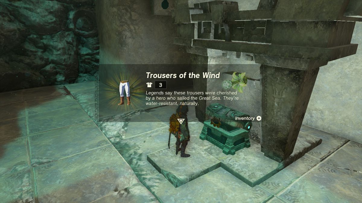 Link opens a chest containing the trousers of the wind in the Depths in Zelda Tears of the Kingdom.