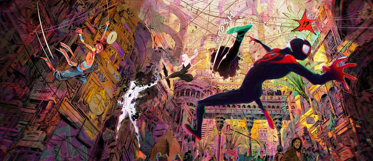 In a development image from Spider-Man: Across the Spider-Verse, Miles Morales, Spider-Gwen, and Spider-Man India fight a villain called The Spot in a ludicrously visually busy and tangled image contrasting the bright primary colors of the characters against the fine lines and mixed pastels of the Indian-influenced alternate-universe city of Mumbattan