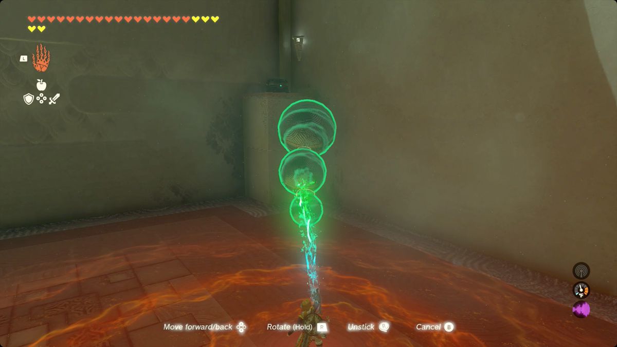 The Legend of Zelda: Tears of the Kingdom Link skapar en stege av bollar i en uppochnedvänd snögubbe i Iun-orok Shrine.