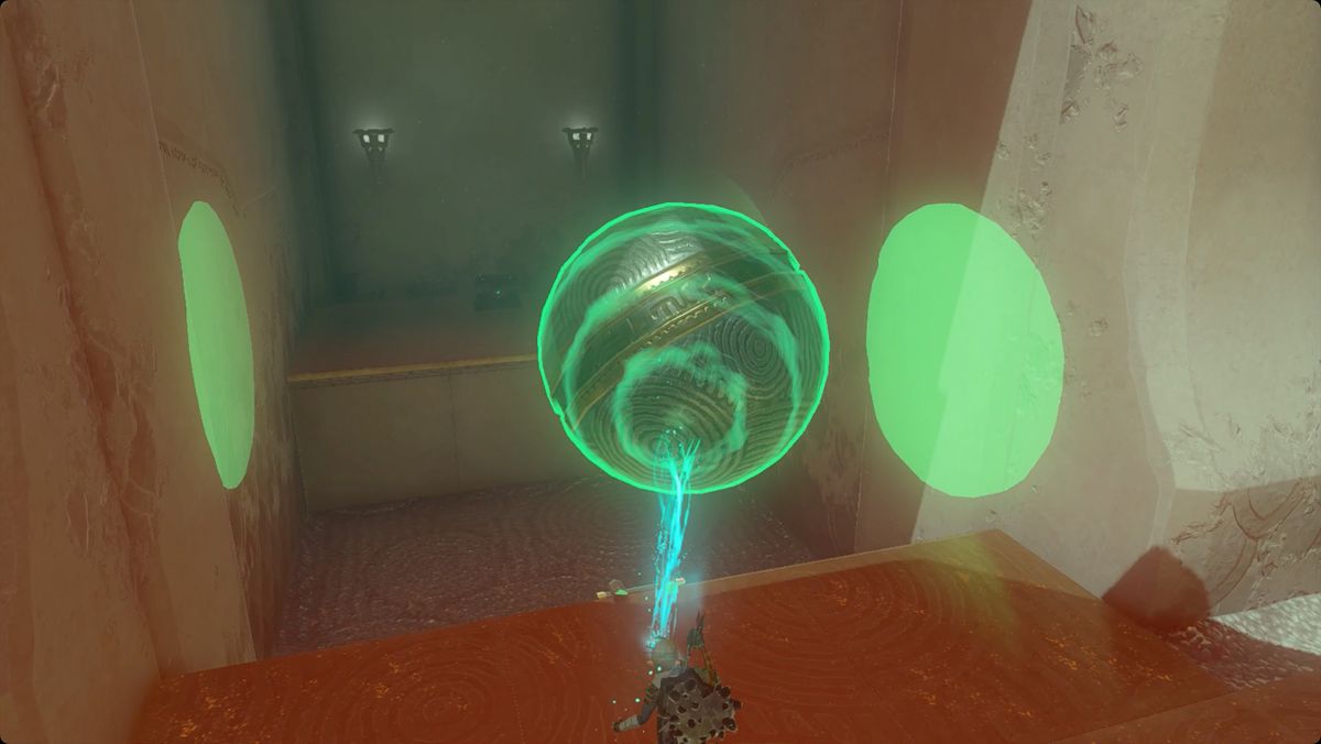 The Legend of Zelda: Tears of the Kingdom Link placerar en stor metallkula för att nå en kista i Mayamats Shrine