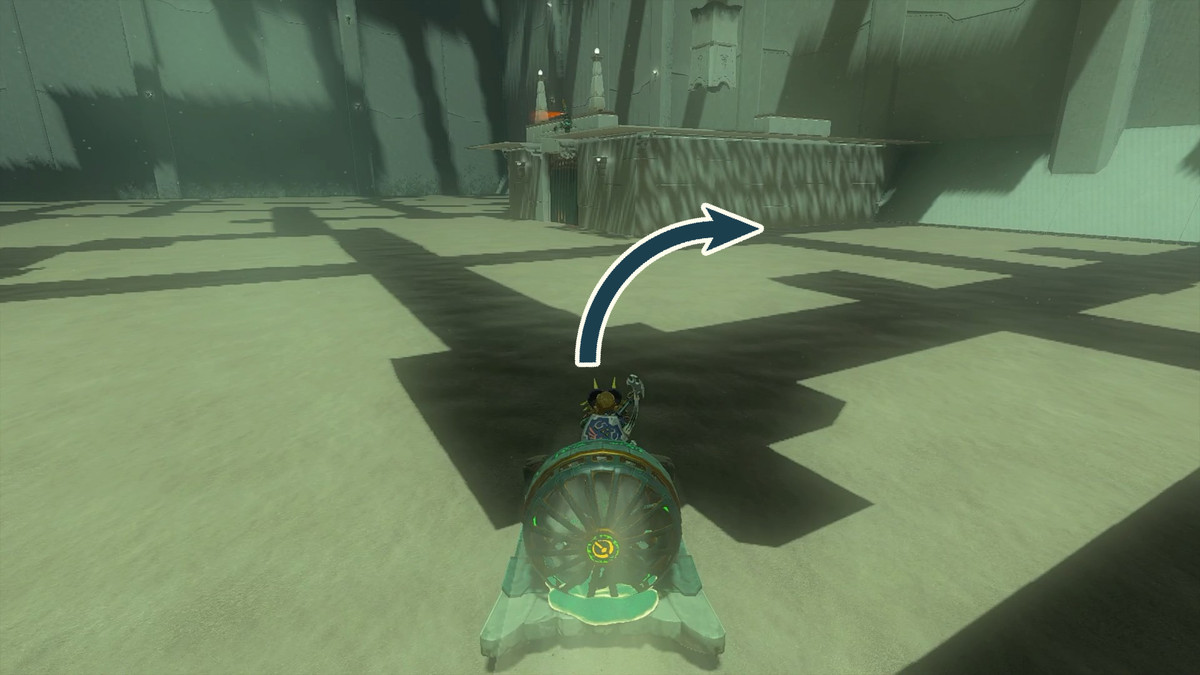 Länka ridning på en slädanordning till en plattform med två konstruktioner ovanpå den i Kudanisar Shrine i The Legend of Zelda: Tears of the Kingdom.