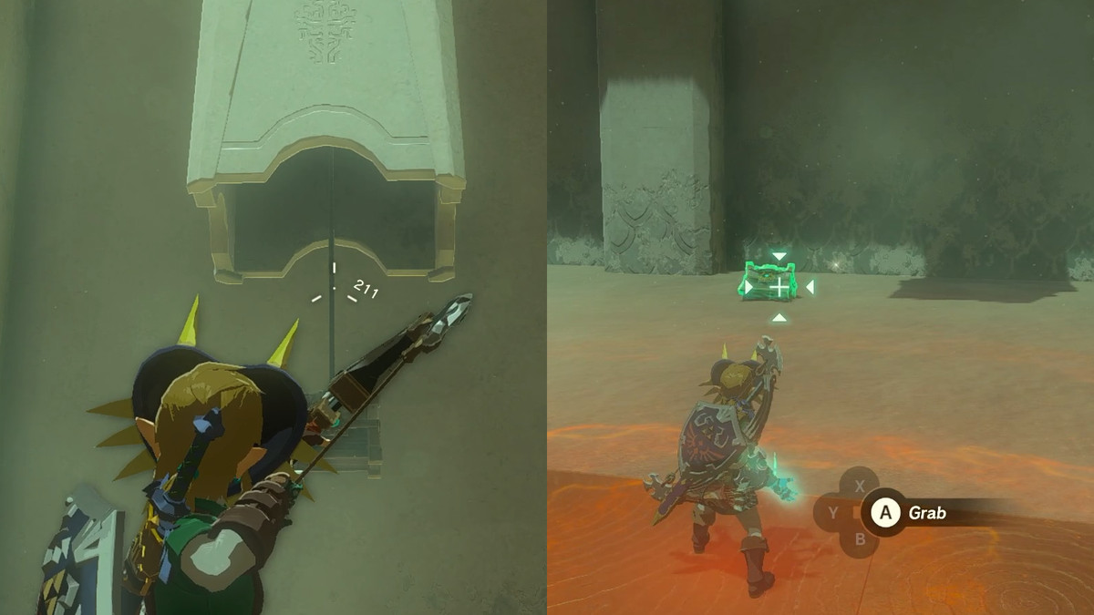 Link skjuter ett rep som håller upp en kista och tar sedan snabbt tag i bröstet med Ultrahand i Kudanisar Shrine i The Legend of Zelda: Tears of the Kingdom.
