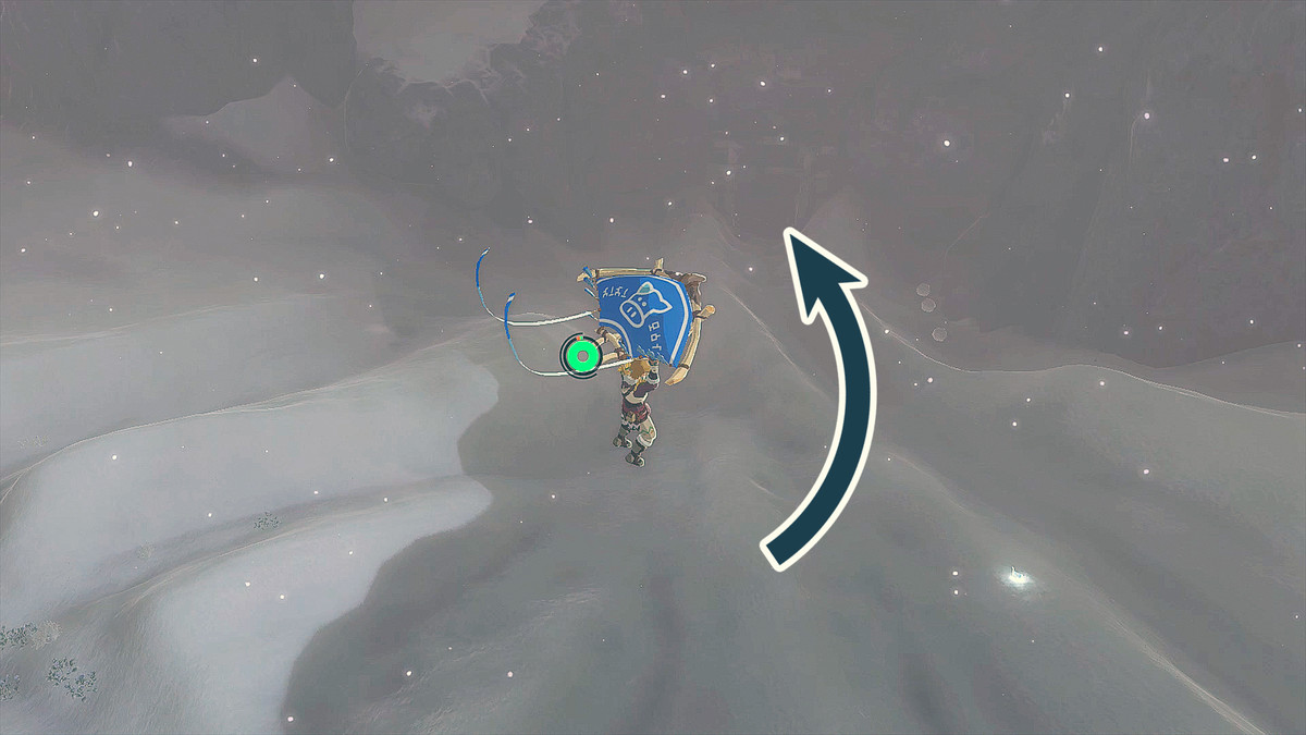The Legend of Zelda: Tears of the Kingdom Länka skärmflygning in i Kopeeki Drifts med en pil som pekar mot Kopeeki Drifts Cave-ingången.